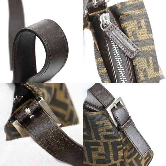 FENDI Logo Zucca Pattern Shoulder Hand Bag Canvas Leather Brown Gold - Picture 9 of 16